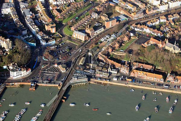 aerial photo of Folkestone Harbour showing the Fish Market area, the Royal George pub and fountains