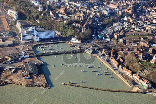aerial photo of Folkestone Harbour showing the Grand Burstin Hotel