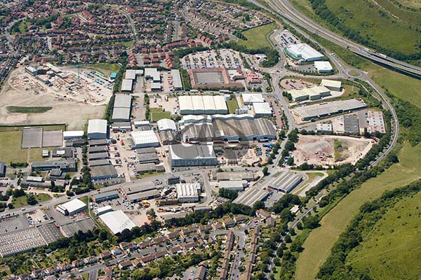 aerial photo of the Park Farm Road industrial estate in Folkestone