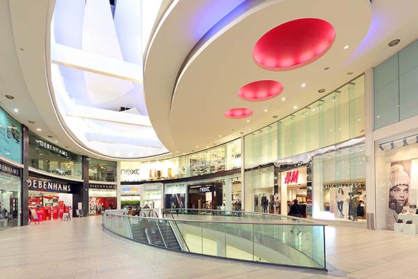 Super-wide angle interior photo of Park Mall shopping centre in Ashford, Kent